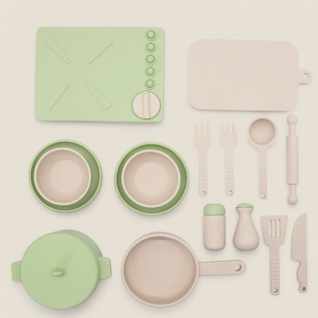 Kids silicone cooking play set with pots, pans and utensils