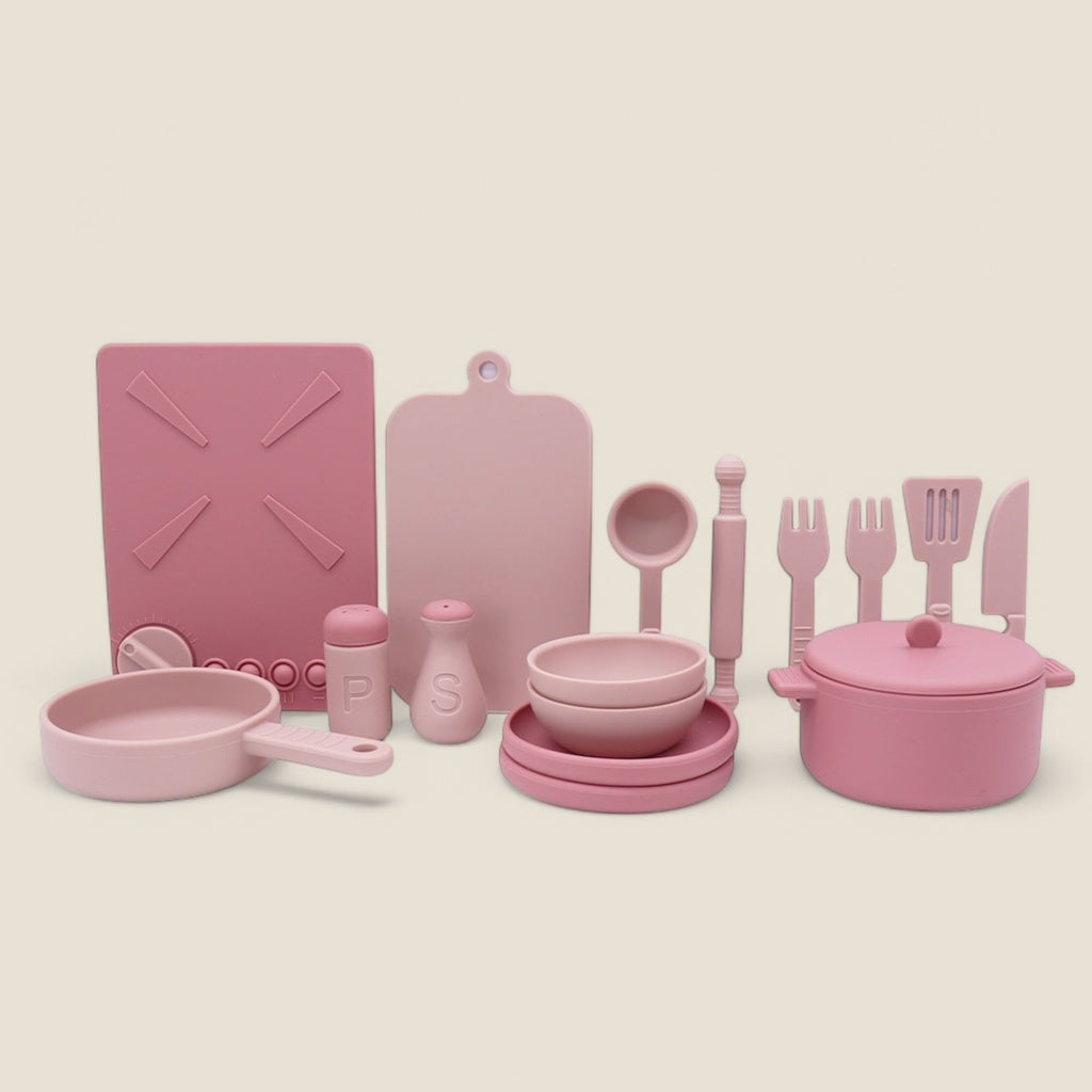 Pink silicone pretend play cooking set for toddlers