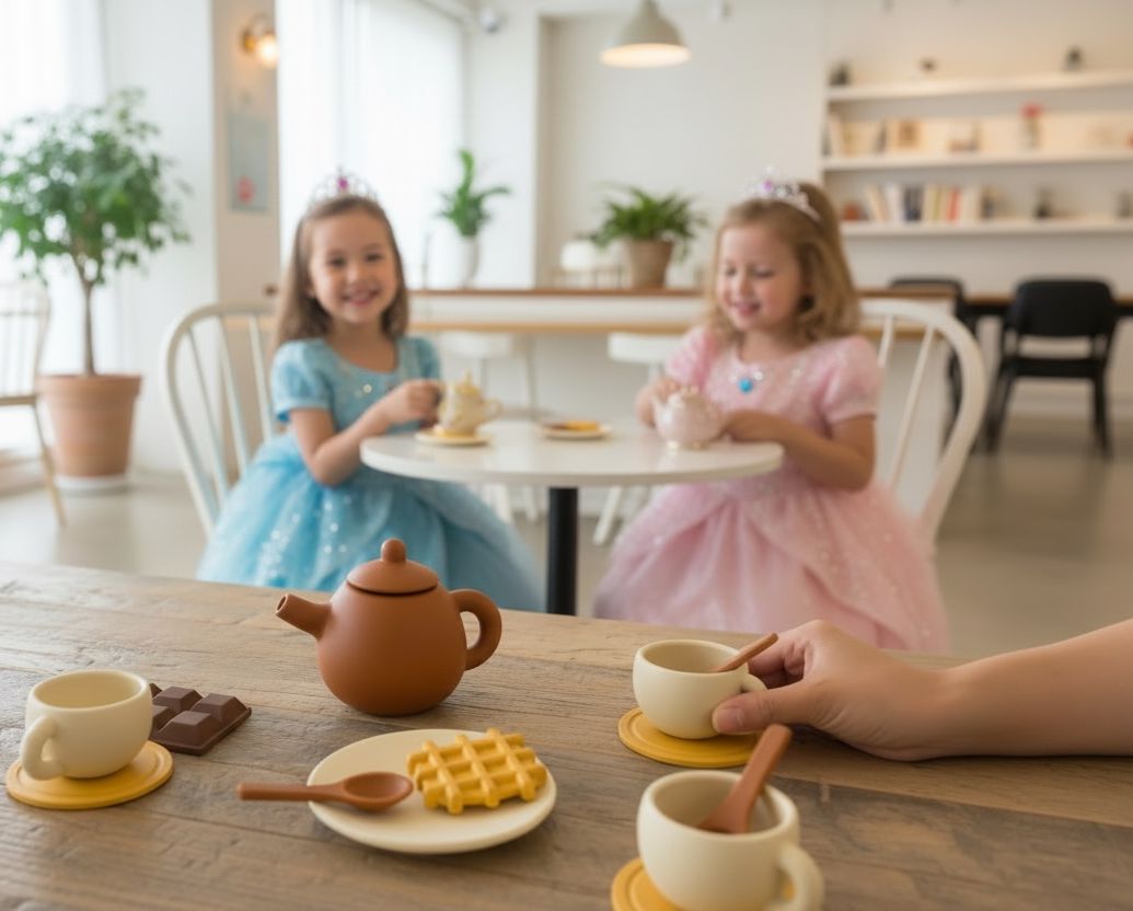 Pretend play tea set for toddlers with silicone accessories